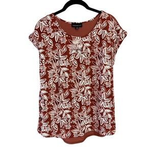 ForeverJoy‎ Floral Print Top Rust Brown White Short Sleeve Casual Blouse